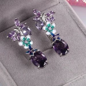 🥥Exquisite Purple  Butterfly Enamel Amethyst lever back statement drop earrings